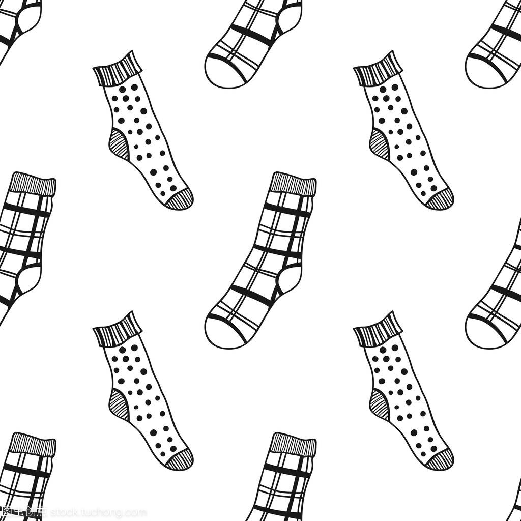 襪子。黑白無縫圖案, 用于著色書籍和頁面。針織服裝。矢量插圖
